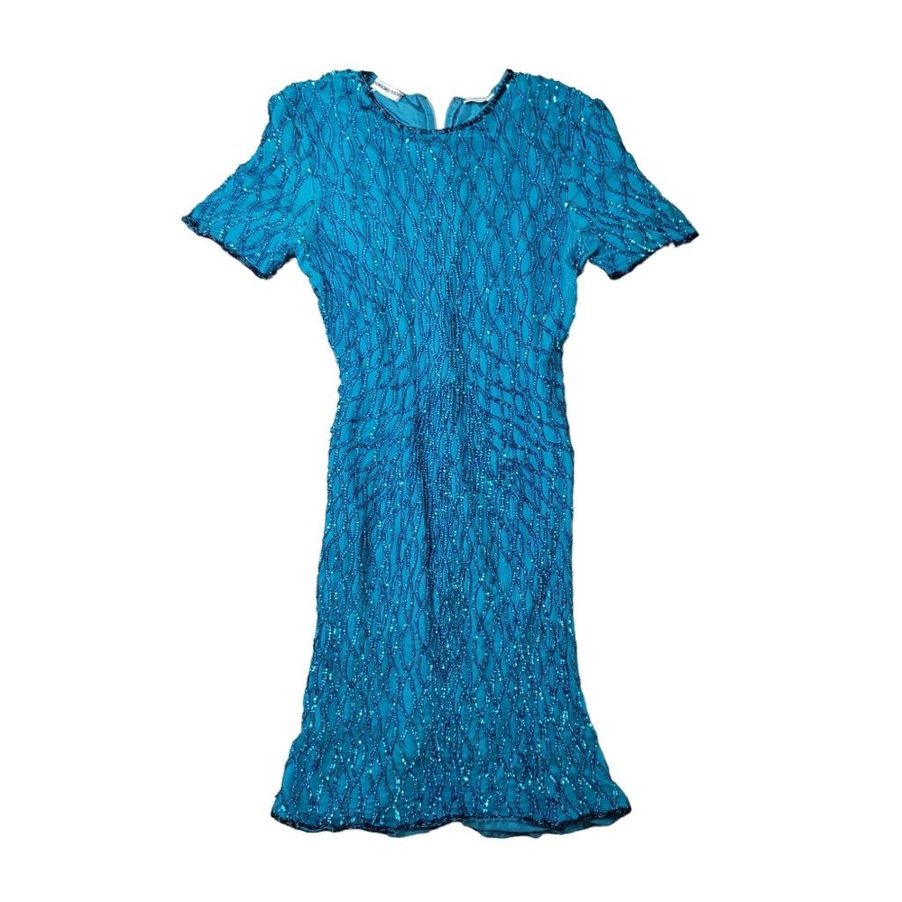 American night vintage silk heavily beaded blue dress size large see measurement